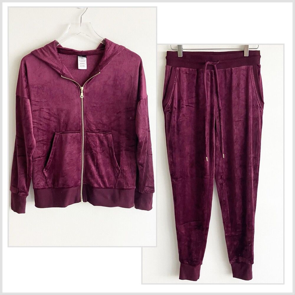 Felina Luxe Velour Zip Tracksuit Size Small Burgundy Hoodie Jogger Sweatpants